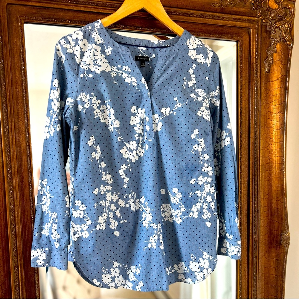 Talbots Women's Long Sleeve Top Popover Floral Hidden Button Polka Dot Blue XS